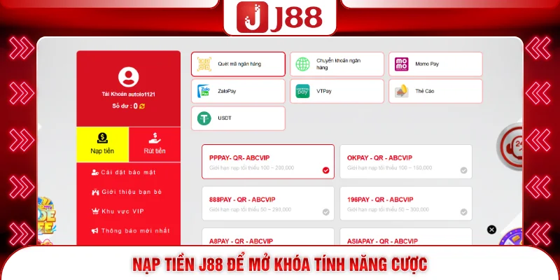 Nạp tiền J88 để mở khóa tính năng cược